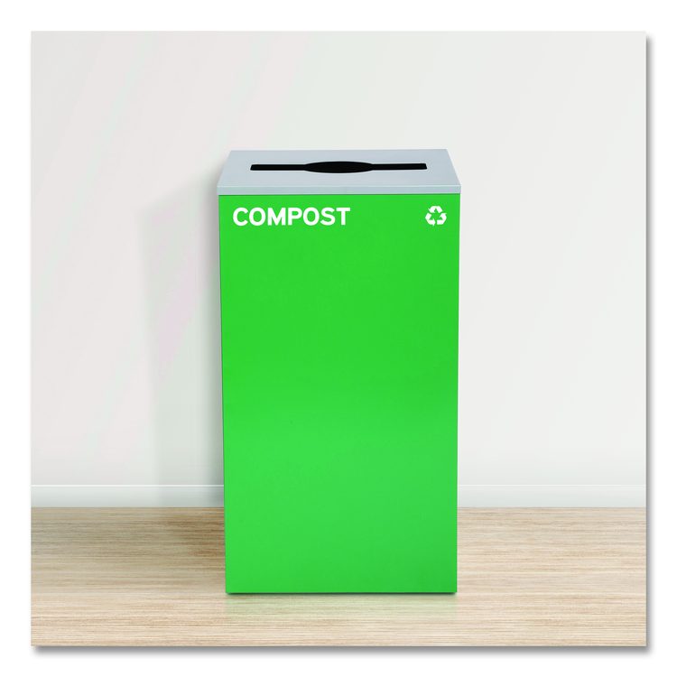 29 Gallon Trash/Recycling Cans, Steel, Blue Cans/Bottles Recycling w/Circle Lid, Green Compost w/Mixed Lid, BK Trash w/Sq Lid