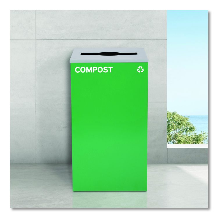 29 Gallon Trash/Recycling Cans, Steel, Blue Cans/Bottles Recycling w/Circle Lid, Green Compost w/Mixed Lid, BK Trash w/Sq Lid