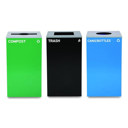 29 Gallon Trash/Recycling Cans, Steel, Blue Cans/Bottles Recycling w/Circle Lid, Green Compost w/Mixed Lid, BK Trash w/Sq Lid