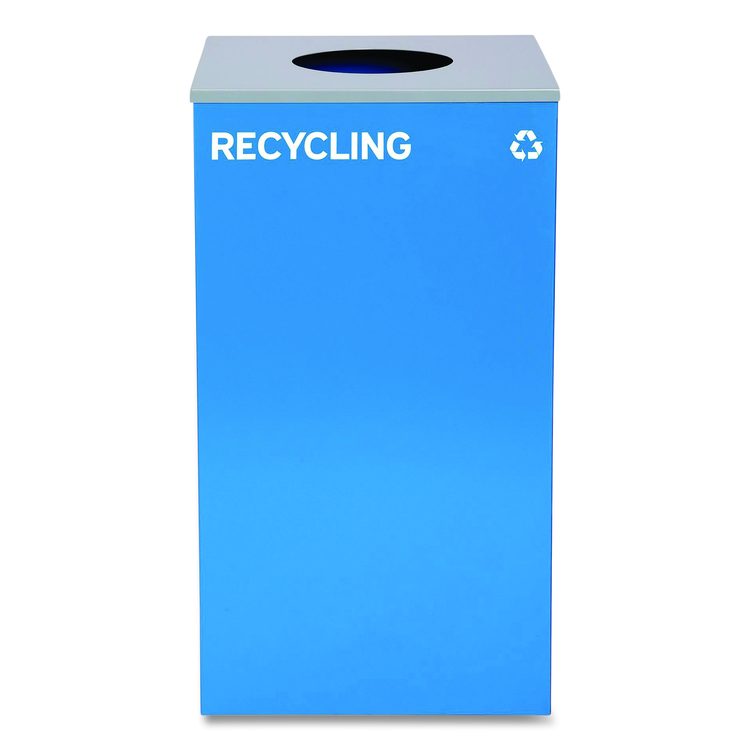 29 Gallon Trash/Recycling Cans, Steel, Blue Recycling Can w/Circle Lid, Green Recycling w/Mixed Lid, Black Trash w/Square Lid