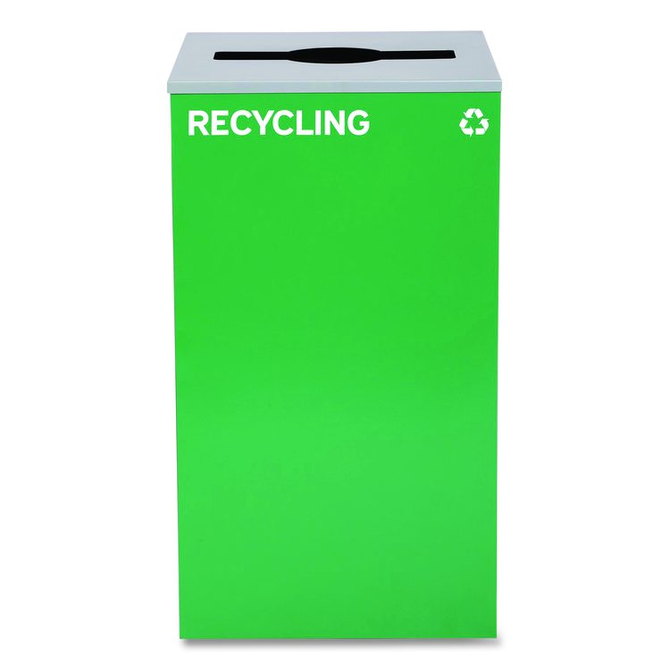 29 Gallon Trash/Recycling Cans, Steel, Blue Recycling Can w/Circle Lid, Green Recycling w/Mixed Lid, Black Trash w/Square Lid