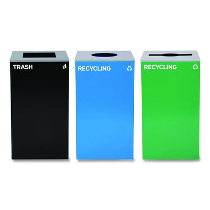 29 Gallon Trash/Recycling Cans, Steel, Blue Recycling Can w/Circle Lid, Green Recycling w/Mixed Lid, Black Trash w/Square Lid