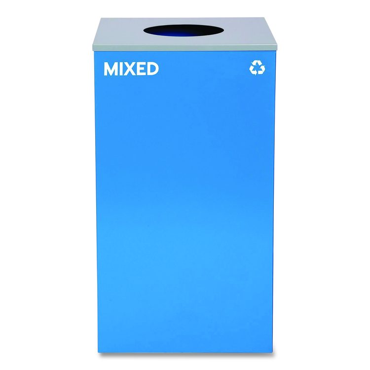 29 Gallon Trash/Recycling Cans, Steel, Blue Mixed Recycling w/Circle Lid, Green Recycling w/Mixed Lid, Black Trash w/Sq Lid