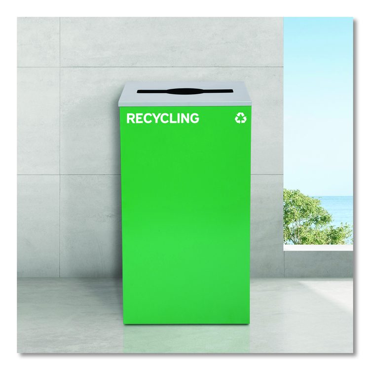 29 Gallon Trash/Recycling Cans, Steel, Blue Mixed Recycling w/Circle Lid, Green Recycling w/Mixed Lid, Black Trash w/Sq Lid