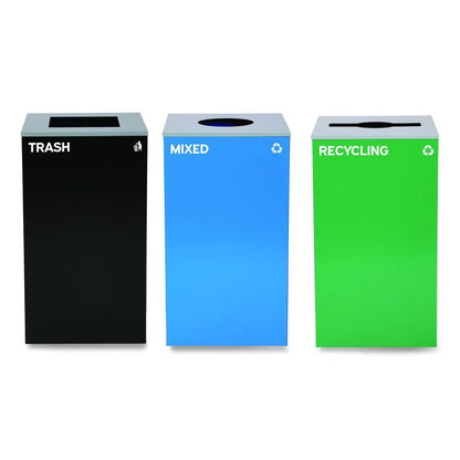 29 Gallon Trash/Recycling Cans, Steel, Blue Mixed Recycling w/Circle Lid, Green Recycling w/Mixed Lid, Black Trash w/Sq Lid