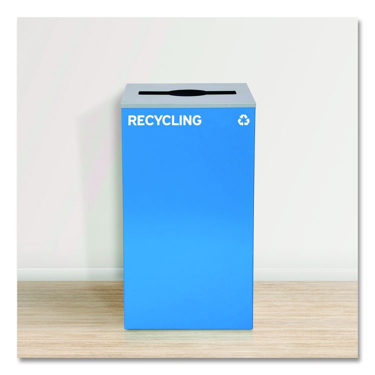 29 Gallon Trash/Recycling Cans, Steel, Blue Recycling and Green Mixed Recycling Can w/Mixed Lids, Black Trash Can w/Sq Lid