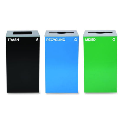 29 Gallon Trash/Recycling Cans, Steel, Blue Recycling and Green Mixed Recycling Can w/Mixed Lids, Black Trash Can w/Sq Lid