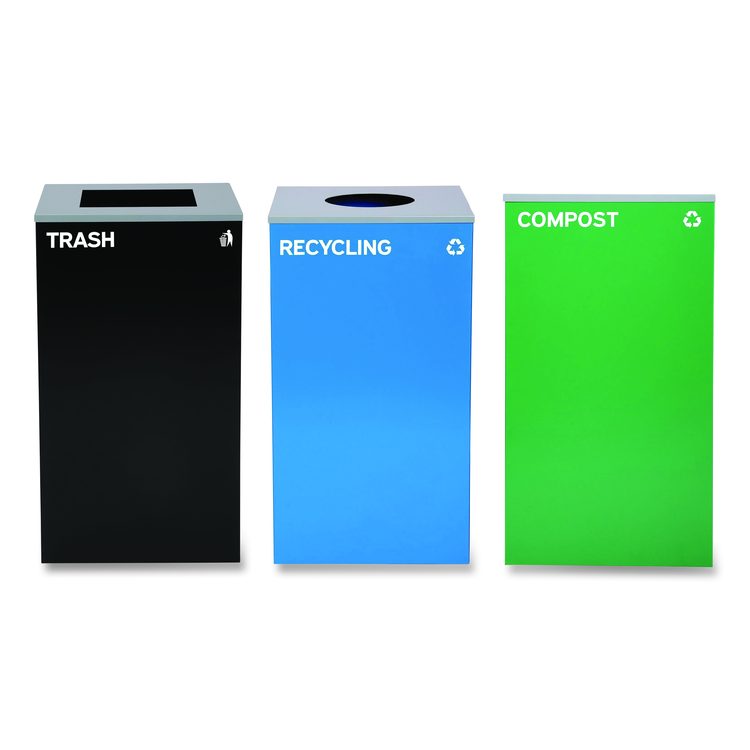 29 Gallon Trash/Recycling Cans, Steel, Blue Recycling Can w/Circle Lid, Green Compost Can and Black Trash Can w/Square Lids