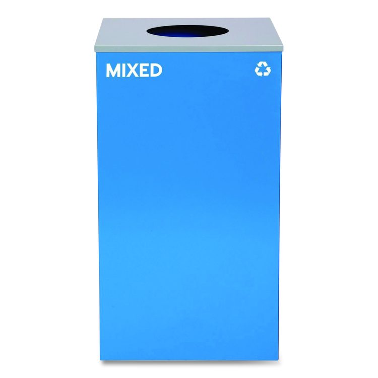 29 Gallon Trash/Recycling Cans, Steel, Blue Mixed Recycling Can w/Circle Lid, Green Compost and Black Trash Cans w/Sq Lids