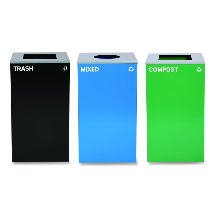 29 Gallon Trash/Recycling Cans, Steel, Blue Mixed Recycling Can w/Circle Lid, Green Compost and Black Trash Cans w/Sq Lids