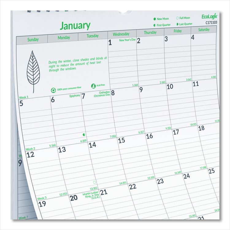 EcoLogix Monthly Wall Calendar, EcoLogix Artwork, 12 x 17, White/Green Sheets, 12-Month (Jan to Dec): 2026