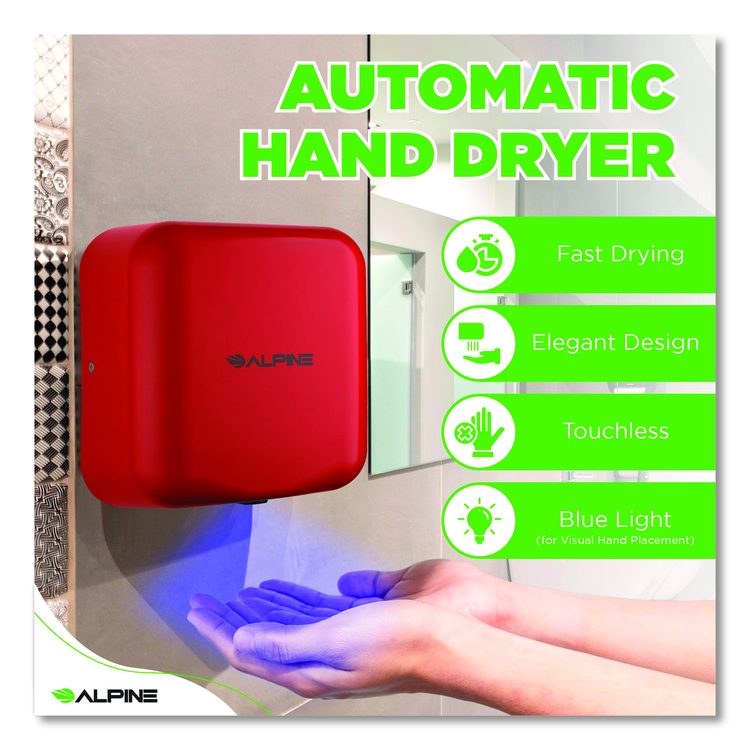 Hemlock Commercial Automatic 120V Hand Dryer, 6.68 x 11.41 x 12.31, Red