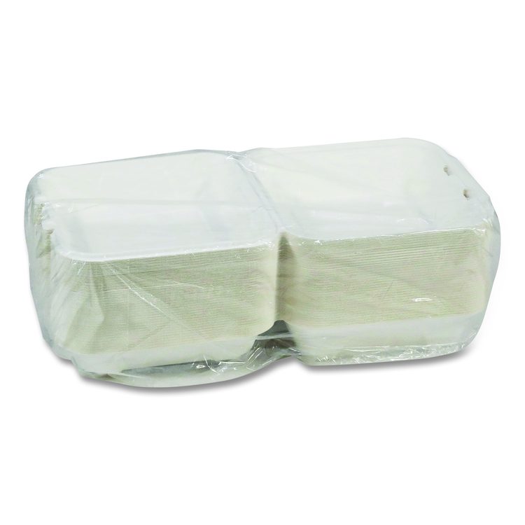 EarthChoice PFAS Free Compostable Hinged Lid Container, 9 x 9 x 3.5, White, Sugarcane, 150/Carton