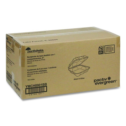 EarthChoice PFAS Free Compostable Hinged Lid Container, 9 x 9 x 3.5, White, Sugarcane, 150/Carton
