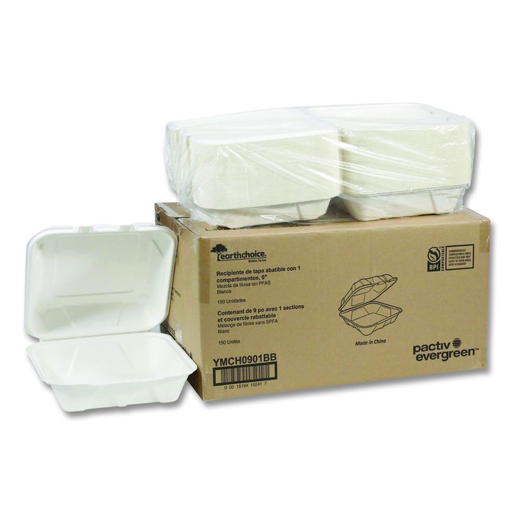EarthChoice PFAS Free Compostable Hinged Lid Container, 9 x 9 x 3.5, White, Sugarcane, 150/Carton