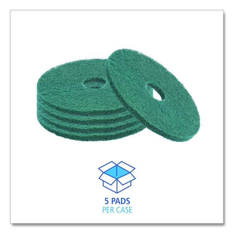 Heavy-Duty Scrubbing Floor Pads, 13" Diameter, Green, 5/Carton