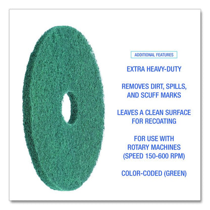 Heavy-Duty Scrubbing Floor Pads, 13" Diameter, Green, 5/Carton