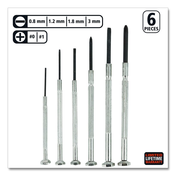 Precision Screwdriver Set, Six-Piece, Phillips/Slotted, Assorted Lengths, Polished Steel Handles