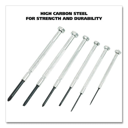 Precision Screwdriver Set, Six-Piece, Phillips/Slotted, Assorted Lengths, Polished Steel Handles