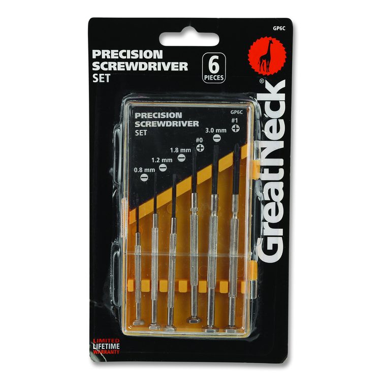 Precision Screwdriver Set, Six-Piece, Phillips/Slotted, Assorted Lengths, Polished Steel Handles