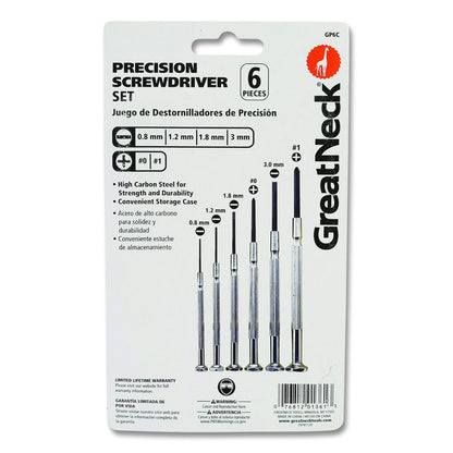 Precision Screwdriver Set, Six-Piece, Phillips/Slotted, Assorted Lengths, Polished Steel Handles