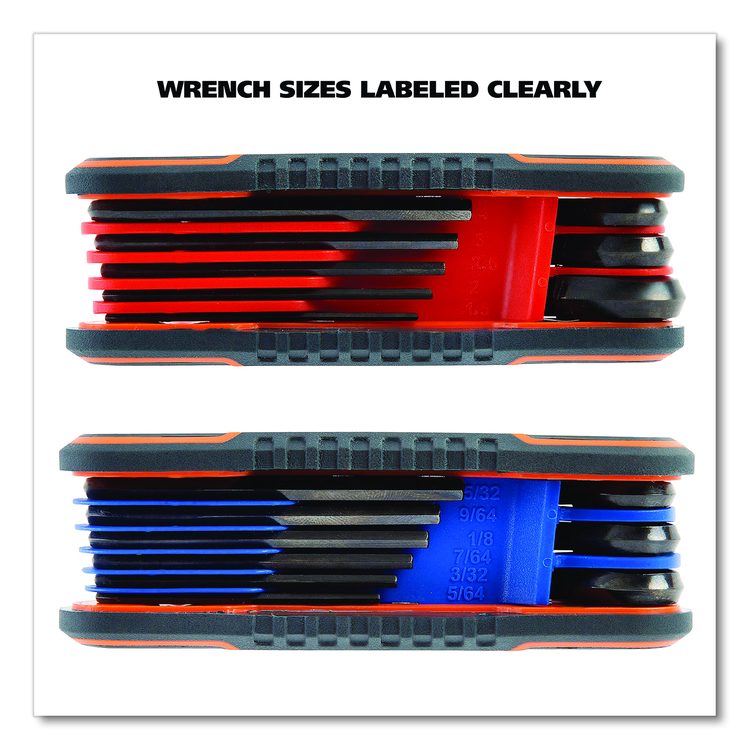 Hex Key Fold-Up Tool Set, Two-Piece, Metric/SAE, Black-Oxide/Blue (SAE), Black-Oxide/Red (Metric)