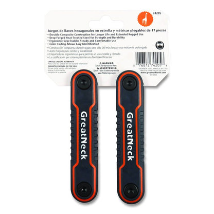 Hex Key Fold-Up Tool Set, Two-Piece, Metric/SAE, Black-Oxide/Blue (SAE), Black-Oxide/Red (Metric)