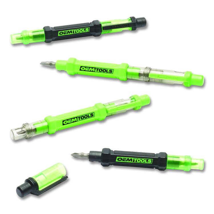 6-Way Pen-Style Screw/Nut Driver, Phillips/Slotted Bits, Metric Sockets, 5.38" Long, Black/Green, Green/Clear, 4/Pack