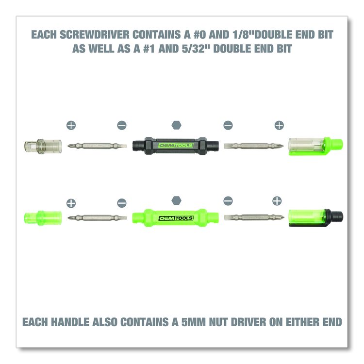 6-Way Pen-Style Screw/Nut Driver, Phillips/Slotted Bits, Metric Sockets, 5.38" Long, Black/Green, Green/Clear, 4/Pack