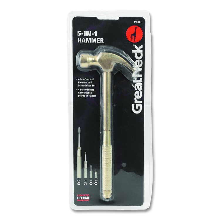 5-in-1 Carpenter's Hammer with Nesting Handle Containing Four Screwdrivers, 6.5" Long Gold Handle