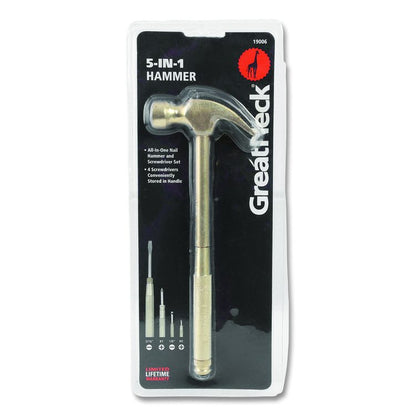 5-in-1 Carpenter's Hammer with Nesting Handle Containing Four Screwdrivers, 6.5" Long Gold Handle