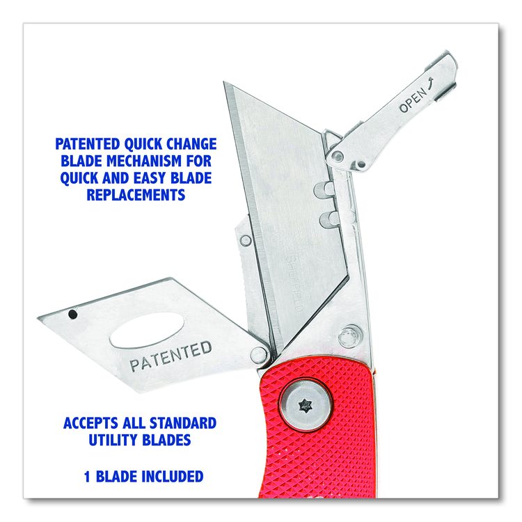 Quick Change Lock Back Utility Knife, 1.25" Blade, 3.5" Aluminum Handle, Red