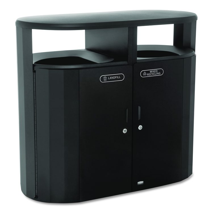 RESIST Dual Stream Waste and Recycling Container, 66 gal, Metal, Textured Black/Black Gloss