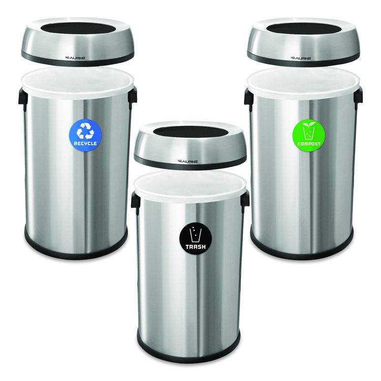 17 Gallon Stainless Steel Open Top Recycling, Trash and Compost Station