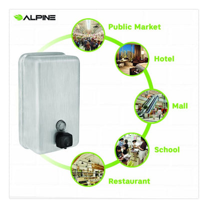 Vertical Manual Surface-Mounted Stainless Steel Liquid Soap Dispenser, 40 oz, 2.8 x 4.8 x 8.1, Brushed Stainless Steel