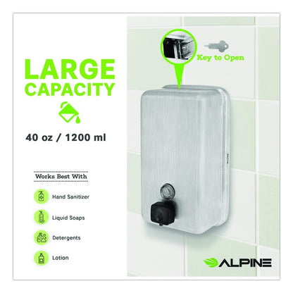 Vertical Manual Surface-Mounted Stainless Steel Liquid Soap Dispenser, 40 oz, 2.8 x 4.8 x 8.1, Brushed Stainless Steel
