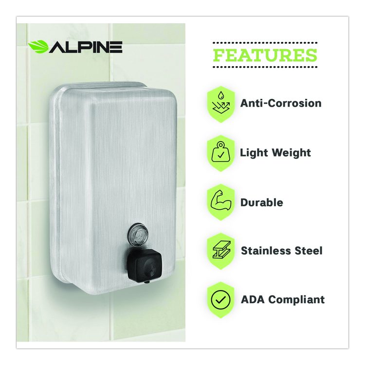 Vertical Manual Surface-Mounted Stainless Steel Liquid Soap Dispenser, 40 oz, 2.8 x 4.8 x 8.1, Brushed Stainless Steel
