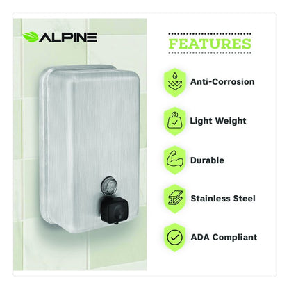Vertical Manual Surface-Mounted Stainless Steel Liquid Soap Dispenser, 40 oz, 2.8 x 4.8 x 8.1, Brushed Stainless Steel
