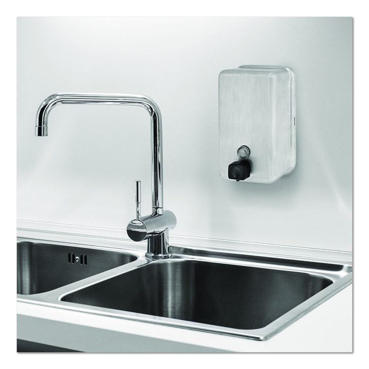 Vertical Manual Surface-Mounted Stainless Steel Liquid Soap Dispenser, 40 oz, 2.8 x 4.8 x 8.1, Brushed Stainless Steel