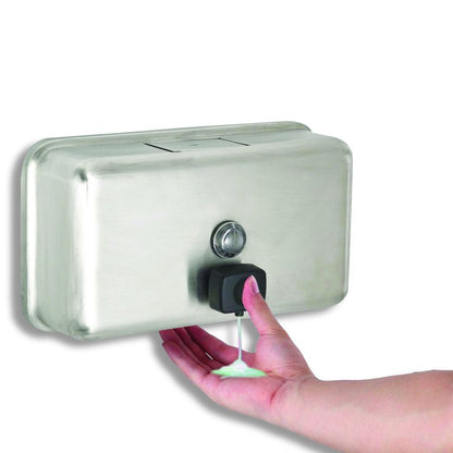 Horizontal Manual Surface-Mounted Stainless Steel Liquid Soap Dispenser, 40 oz, 2.8 x 8.1 x 4.8, Brushed Stainless Steel
