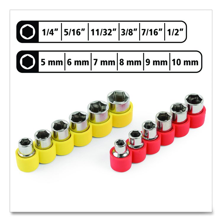 Ratcheting Screw/Nut Driver Set, 34-Piece, Hex/Phillips/Slotted/Star Bits, Metric/SAE Sockets, 8" Long, Yellow/Black Handle