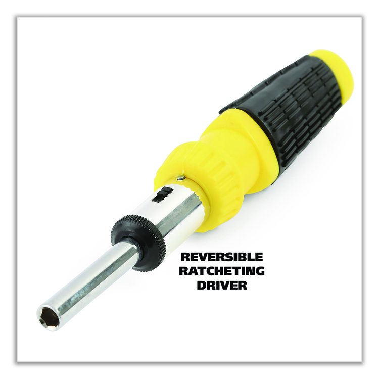 Ratcheting Screw/Nut Driver Set, 34-Piece, Hex/Phillips/Slotted/Star Bits, Metric/SAE Sockets, 8" Long, Yellow/Black Handle