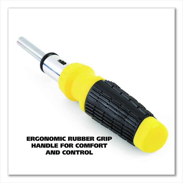 Ratcheting Screw/Nut Driver Set, 34-Piece, Hex/Phillips/Slotted/Star Bits, Metric/SAE Sockets, 8" Long, Yellow/Black Handle