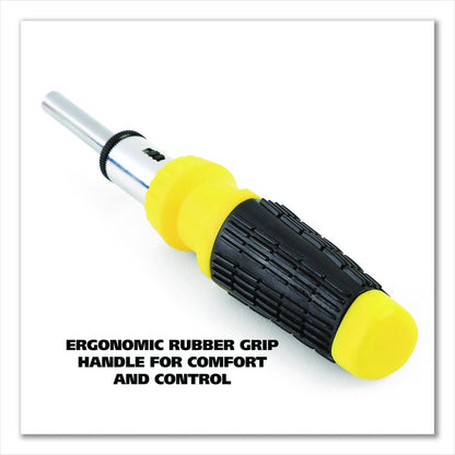 Ratcheting Screw/Nut Driver Set, 34-Piece, Hex/Phillips/Slotted/Star Bits, Metric/SAE Sockets, 8" Long, Yellow/Black Handle