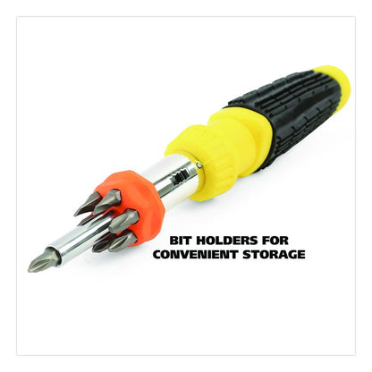 Ratcheting Screw/Nut Driver Set, 34-Piece, Hex/Phillips/Slotted/Star Bits, Metric/SAE Sockets, 8" Long, Yellow/Black Handle