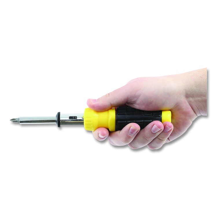 Ratcheting Screw/Nut Driver Set, 34-Piece, Hex/Phillips/Slotted/Star Bits, Metric/SAE Sockets, 8" Long, Yellow/Black Handle