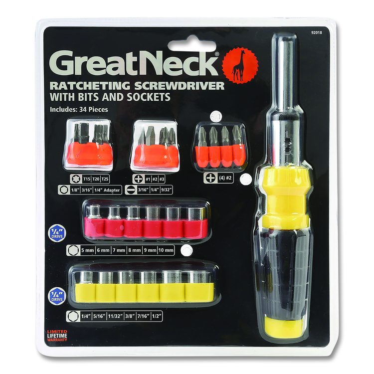 Ratcheting Screw/Nut Driver Set, 34-Piece, Hex/Phillips/Slotted/Star Bits, Metric/SAE Sockets, 8" Long, Yellow/Black Handle