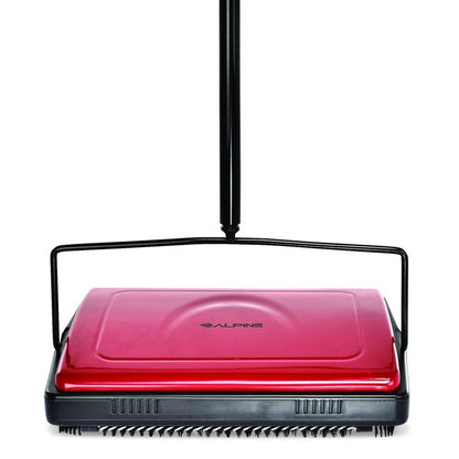 Manual Triple Brush Carpet and Floor Sweeper, 42.5" Handle, Red