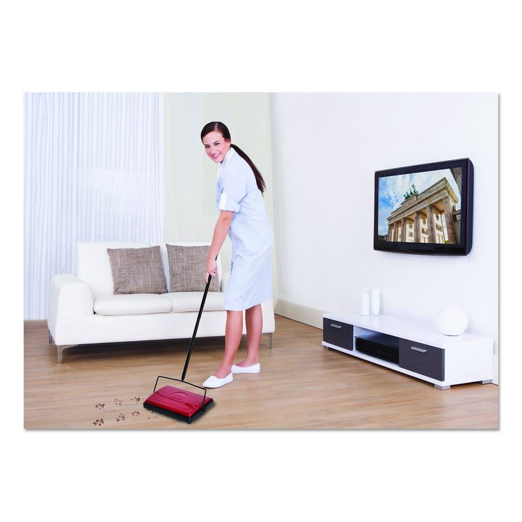 Manual Triple Brush Carpet and Floor Sweeper, 42.5" Handle, Red