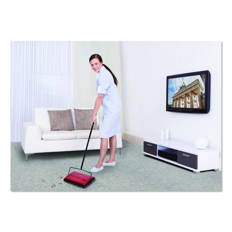 Manual Triple Brush Carpet and Floor Sweeper, 42.5" Handle, Red